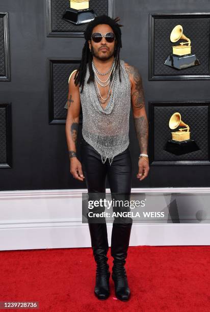 Singer-songwriter Lenny Kravitz arrives for the 64th Annual Grammy Awards at the MGM Grand Garden Arena in Las Vegas on April 3, 2022.