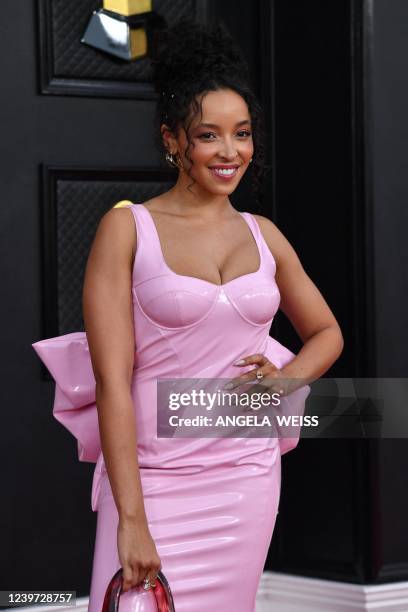 Singer Tinashe arrives for the 64th Annual Grammy Awards at the MGM Grand Garden Arena in Las Vegas on April 3, 2022.