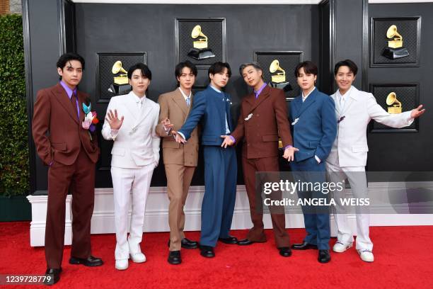 South Korean boy band BTS arrives for the 64th Annual Grammy Awards at the MGM Grand Garden Arena in Las Vegas on April 3, 2022.