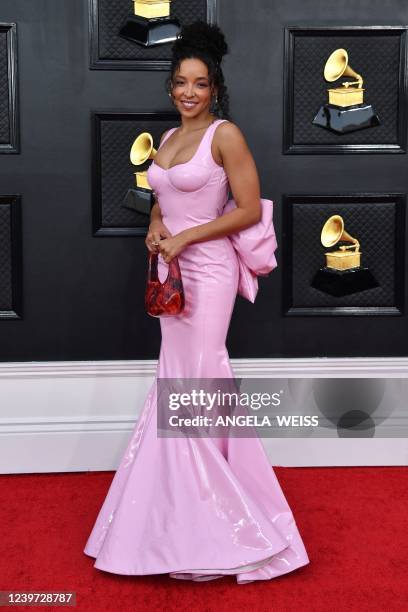 Singer Tinashe arrives for the 64th Annual Grammy Awards at the MGM Grand Garden Arena in Las Vegas on April 3, 2022.