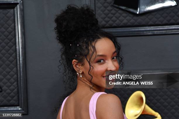 Singer Tinashe arrives for the 64th Annual Grammy Awards at the MGM Grand Garden Arena in Las Vegas on April 3, 2022.