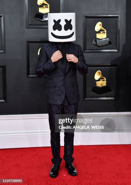 Marshmello arrives for the 64th Annual Grammy Awards at the MGM Grand Garden Arena in Las Vegas on April 3, 2022.