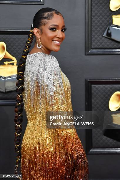Singer Mickey Guyton arrives for the 64th Annual Grammy Awards at the MGM Grand Garden Arena in Las Vegas on April 3, 2022.