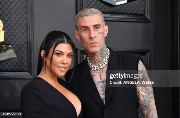 Kourtney Kardashian and musician Travis Barker arrive for the 64th Annual Grammy Awards at the MGM Grand Garden Arena in Las Vegas on April 3, 2022.