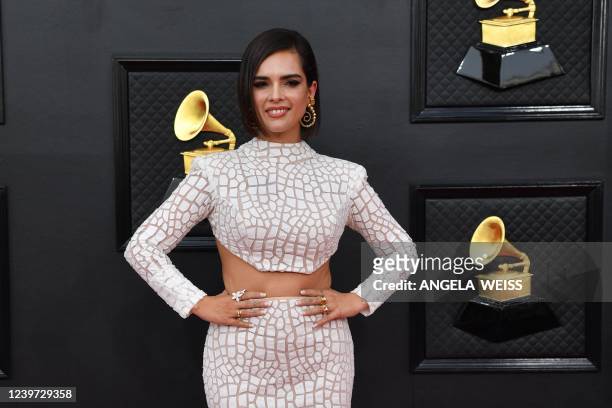 Colombian singer Paula Arenas arrives for the 64th Annual Grammy Awards at the MGM Grand Garden Arena in Las Vegas on April 3, 2022.
