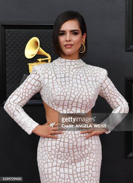 Colombian singer Paula Arenas arrives for the 64th Annual Grammy Awards at the MGM Grand Garden Arena in Las Vegas on April 3, 2022.