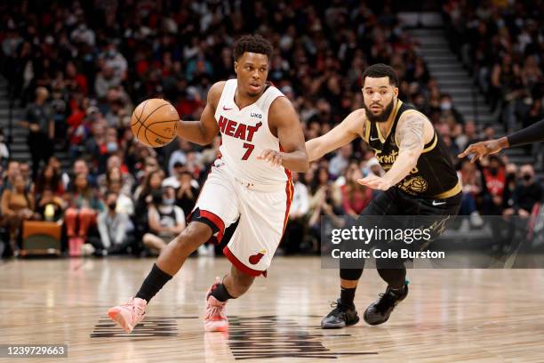 Kyle Lowry of the Miami Heat drives against Fred VanVleet of the Toronto Raptors during the first half at Scotiabank Arena on April 3, 2022 in...