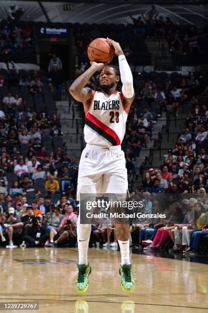 Ben McLemore of the Portland Trail Blazers shoots a three point basket during the game against the San Antonio Spurs on April 3, 2022 at the AT&T...