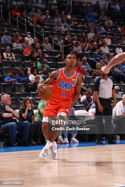 Theo Maledon of the Oklahoma City Thunder drives to the basket during the game against the Phoenix Suns on April 3, 2022 at Paycom Arena in Oklahoma...