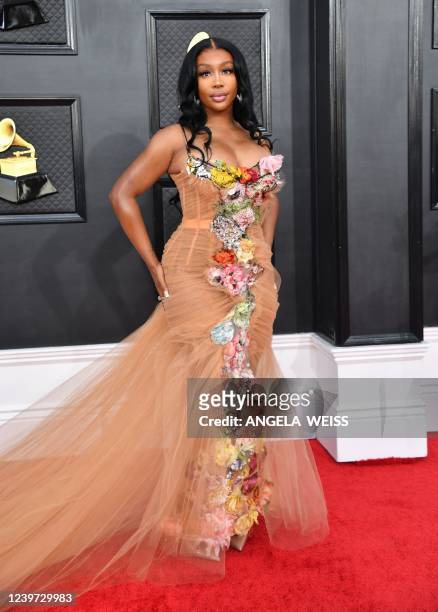 Singer SZA arrives for the 64th Annual Grammy Awards at the MGM Grand Garden Arena in Las Vegas on April 3, 2022.