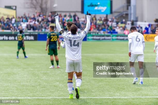 Galaxy forward Javier Hernández "Chicharrito" celebrates his first goal during the MLS match between the Los Angeles Galaxy and the Portland Timbers...