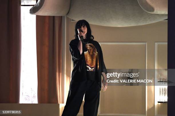 Singer/songwriter Billie Eilish performs onstage during the 64th Annual Grammy Awards at the MGM Grand Garden Arena in Las Vegas on April 3, 2022.