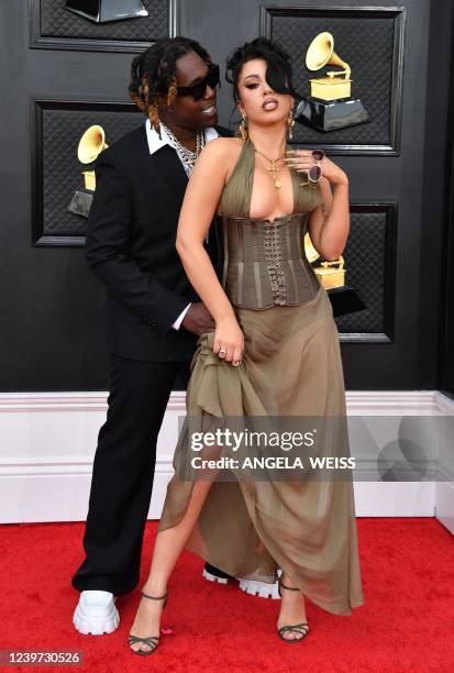 Singer Kali Uchis and rapper Don Toliver arrive for the 64th Annual Grammy Awards at the MGM Grand Garden Arena in Las Vegas on April 3, 2022.