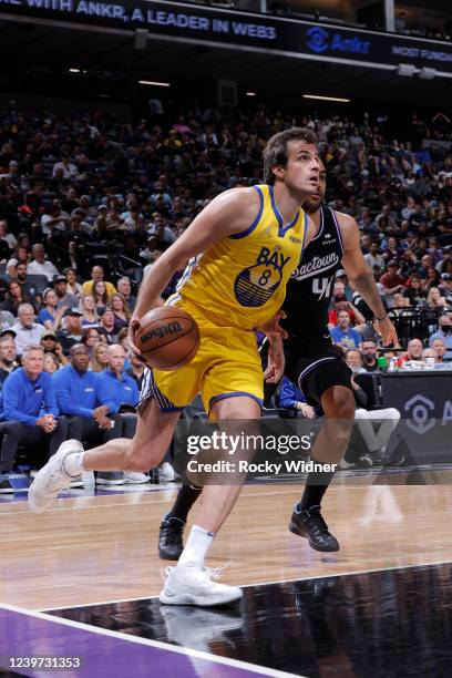 Nemanja Bjelica of the Golden State Warriors drives to the basket during the game against the Sacramento Kings on April 3, 2022 at Golden 1 Center in...