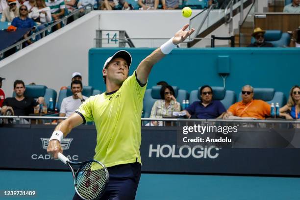 Casper Ruud of Norway serves to Carlos Alcaraz of Spain during their Men's Singles final match at the Miami Open at Hard Rock Stadium on April 03,...