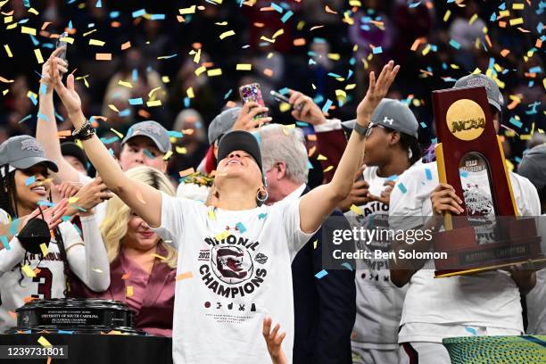Head coach Dawn Staley of the South Carolina Gamecocks celebrates a win over the Connecticut Huskies in the championship game of the NCAA Women's...