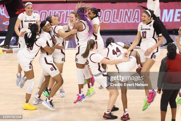 South Carolina Gamecocks players celebrate a win over the Connecticut Huskies in the championship game of the NCAA Women's Basketball Tournament at...