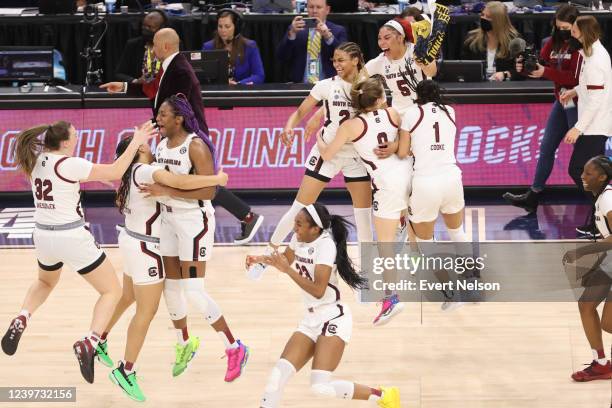 South Carolina Gamecocks players celebrate a win over the Connecticut Huskies in the championship game of the NCAA Women's Basketball Tournament at...