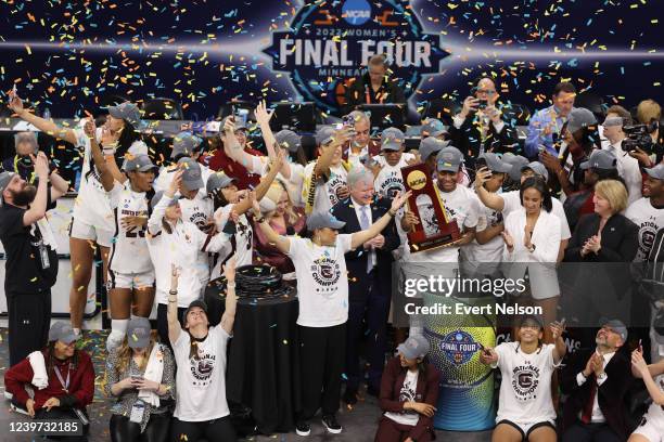 South Carolina Gamecocks players celebrate a win over the Connecticut Huskies in the championship game of the NCAA Women's Basketball Tournament at...