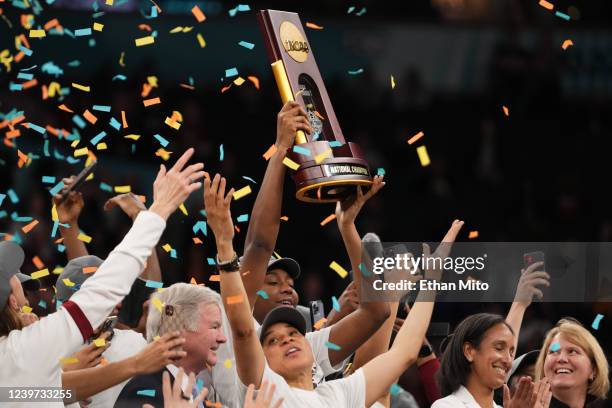 South Carolina Gamecocks players raise the trophy after a win over the Connecticut Huskies in the championship game of the NCAA Women's Basketball...