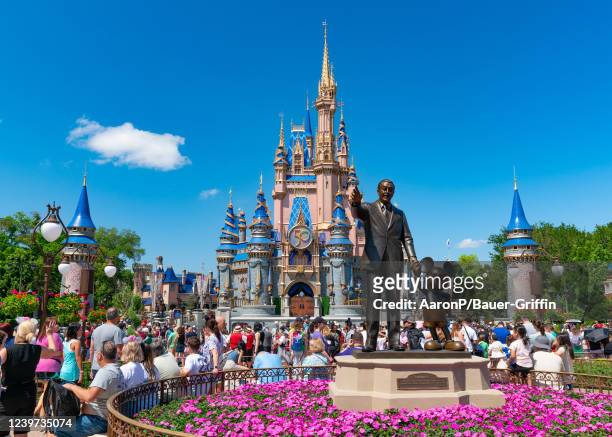 General views of the Walt Disney 'Partners' statue at Magic Kingdom, celebrating its 50th anniversary on April 03, 2022 in Orlando, Florida.