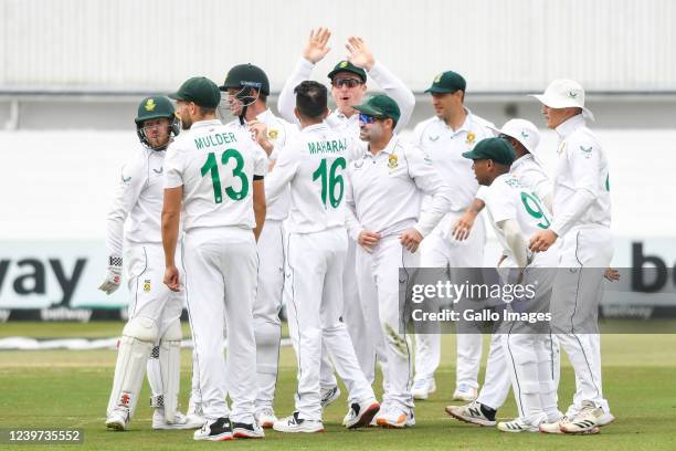 Keshav Maharaj of South Africa celebrates the wicket of Mushfiqur Rahim of Bangladesh during day 5 of the 1st ICC WTC2 Betway Test match between...