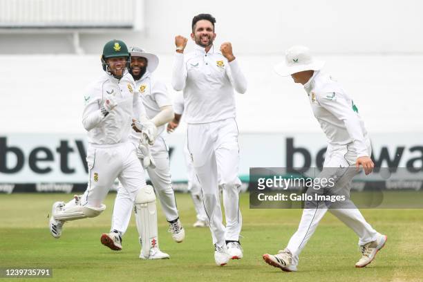 Keshav Maharaj of South Africa celebrates the wicket of Yasir Ali Chowdhury of Bangladesh during day 5 of the 1st ICC WTC2 Betway Test match between...