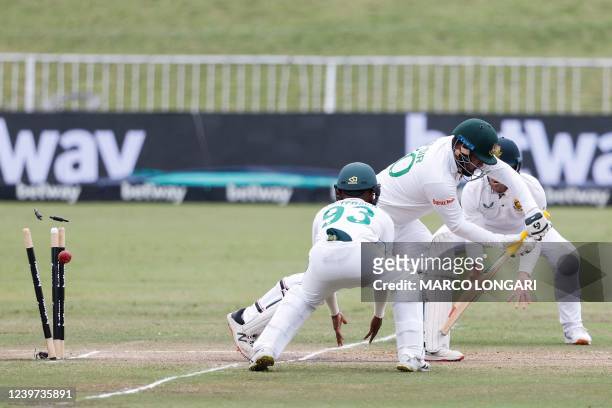 Bangladesh's Yasir Ali is bowled by South Africa's Keshav Maharaj during the fifth day of the first Test cricket match between South Africa and...