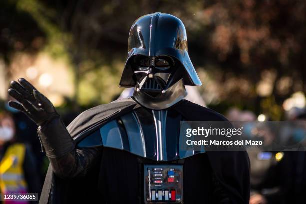 Man dressed as Darth Vader marching during a Star Wars Parade in the Aluche neighborhood of Madrid. Nearly 300 people have paraded through the...