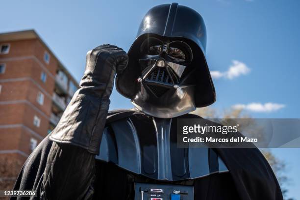 Man dressed as Darth Vader is seen marching during a Star Wars Parade in the Aluche neighborhood of Madrid. Nearly 300 people have paraded through...