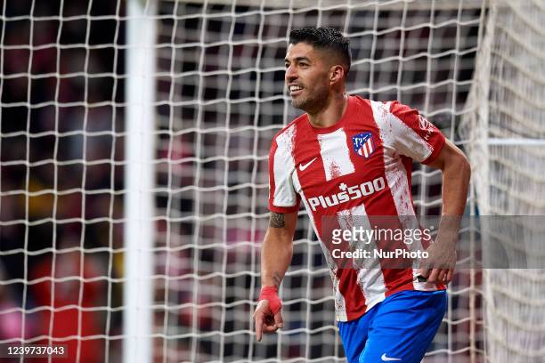 Luis Suarez of Atletico Madrid celebrates after scoring his sides first goal during the La Liga Santander match between Club Atletico de Madrid and...