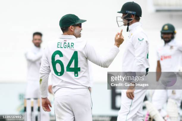 Dean Elgar of South Africa reacts during day 5 of the 1st ICC WTC2 Betway Test match between South Africa and Bangladesh at Hollywoodbets Kingsmead...