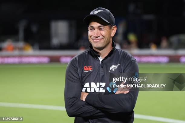 New Zealands Ross Taylor reacts after his last match for New Zealand during the third one-day international cricket match between New Zealand and...