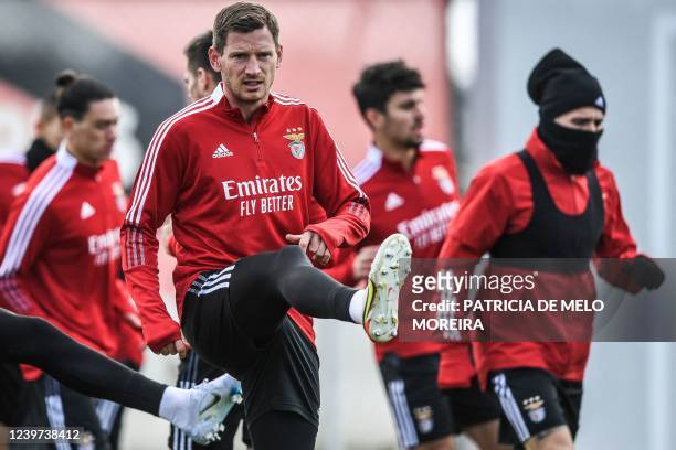 Benfica's Belgian defender Jan Vertonghen attends a training session at Benfica Campus training ground in Seixal near Lisbon on April 4 on the eve of...