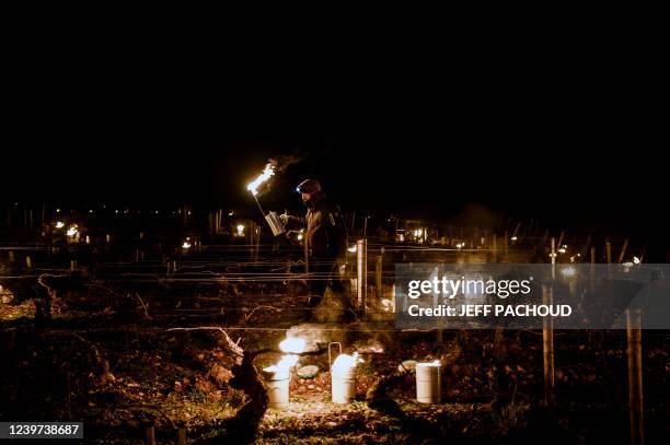 Winegrowers light candles in the vineyards to protect them from frost on April 4, 2022 around Puligny-Montrachet.