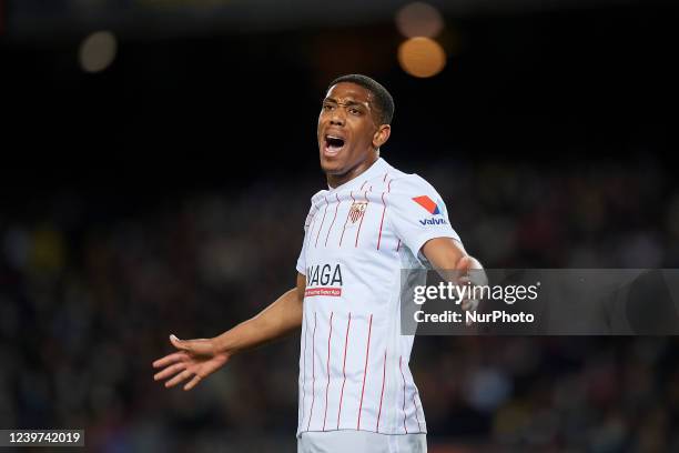 Anthony Martial of Sevilla reacts during the La Liga Santander match between FC Barcelona and Sevilla FC at Camp Nou on April 3, 2022 in Barcelona,...