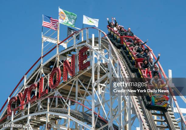 April 2: Visitors enjoy a ride on the Cyclone on opening day of Luna Park in Coney Island, Brooklyn, New York Saturday, April 2022.