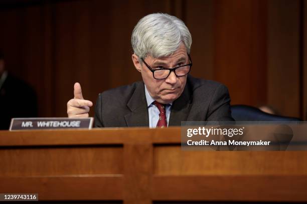 Sen. Sheldon Whitehouse speaks during a Senate Judiciary Committee business meeting to vote on Supreme Court nominee Judge Ketanji Brown Jackson on...