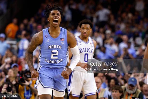 Caleb Love of the North Carolina Tar Heels reacts against the Duke Blue Devils during the 2022 NCAA Men's Basketball Tournament Final Four semifinal...