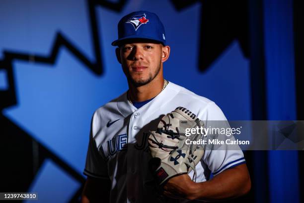 Jose Berrios of the Toronto Blue Jays poses for a photo during the Toronto Blue Jays Photo Day at TD Ballpark on Saturday, March 19, 2022 in Dunedin,...