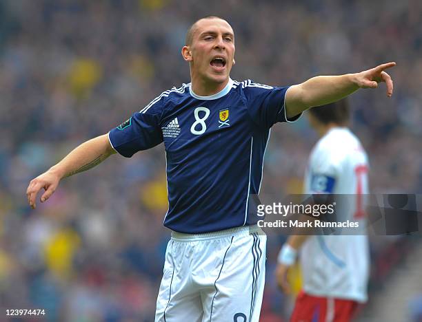 Scott Brown of Scotland in action during the UEFA EURO 2012 Group I Qualifying match between Scotland and Czech Republic at Hampden Park on September...