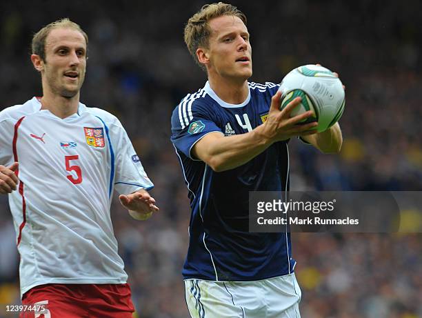 Christophe Berra of Scotland in action during the UEFA EURO 2012 Group I Qualifying match between Scotland and Czech Republic at Hampden Park on...