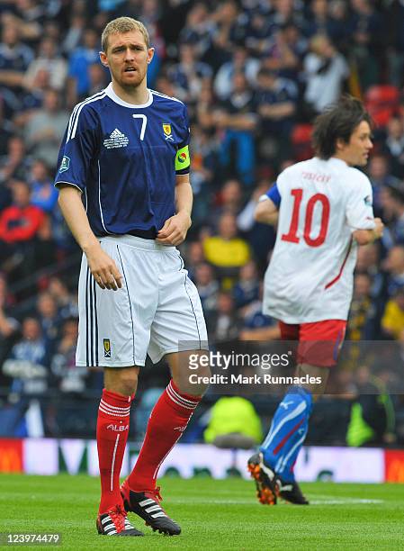 Darren Fletcher of Scotland in action during the UEFA EURO 2012 Group I Qualifying match between Scotland and Czech Republic at Hampden Park on...