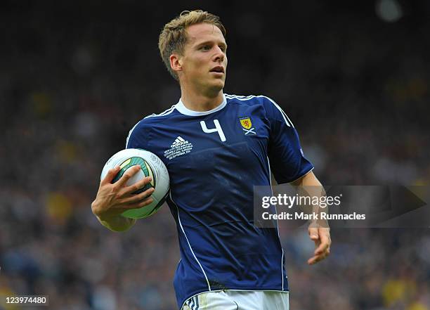 Christophe Berra of Scotland in action during the UEFA EURO 2012 Group I Qualifying match between Scotland and Czech Republic at Hampden Park on...