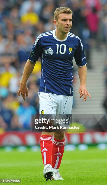 James Morrison of Scotland in action during the UEFA EURO 2012 Group I Qualifying match between Scotland and Czech Republic at Hampden Park on...