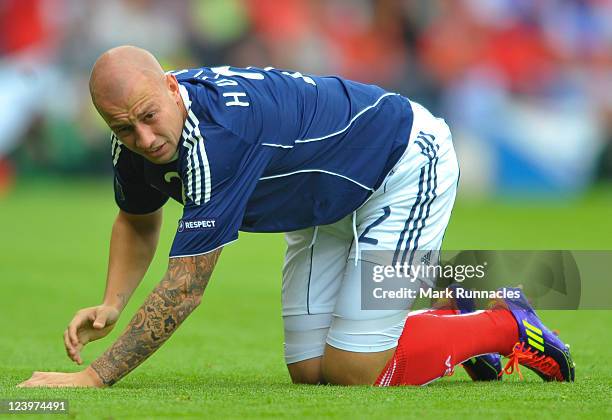 Allan Hutton of Scotland in action during the UEFA EURO 2012 Group I Qualifying match between Scotland and Czech Republic at Hampden Park on...