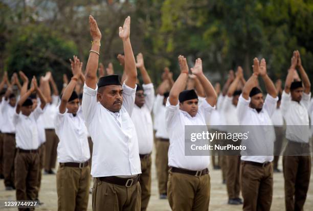 Rashtriya Swayamsevak Sangh volunteers participate in an annual event, in Guwahati, Assam, India on Sunday, April 3, 2022. The Rashtriya Swayamsevak...