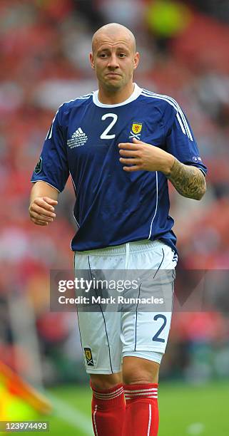 Alan Hutton of Scotland in action during the UEFA EURO 2012 Group I Qualifying match between Scotland and Czech Republic at Hampden Park on September...