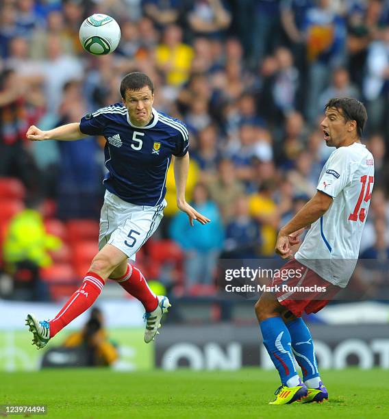 Gary Caldwell of Scotland in action during the UEFA EURO 2012 Group I Qualifying match between Scotland and Czech Republic at Hampden Park on...