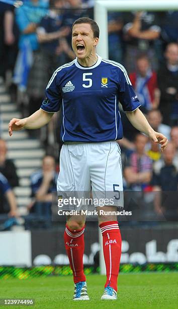 Gary Caldwell of Scotland in action during the UEFA EURO 2012 Group I Qualifying match between Scotland and Czech Republic at Hampden Park on...